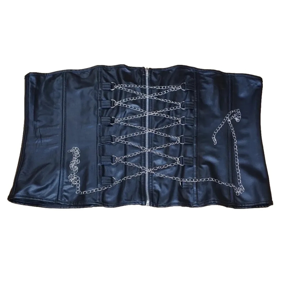 Corset Top Biker Cosplay Sexy Vegan Leather Silver Chains Zipper Plus 5X 6X